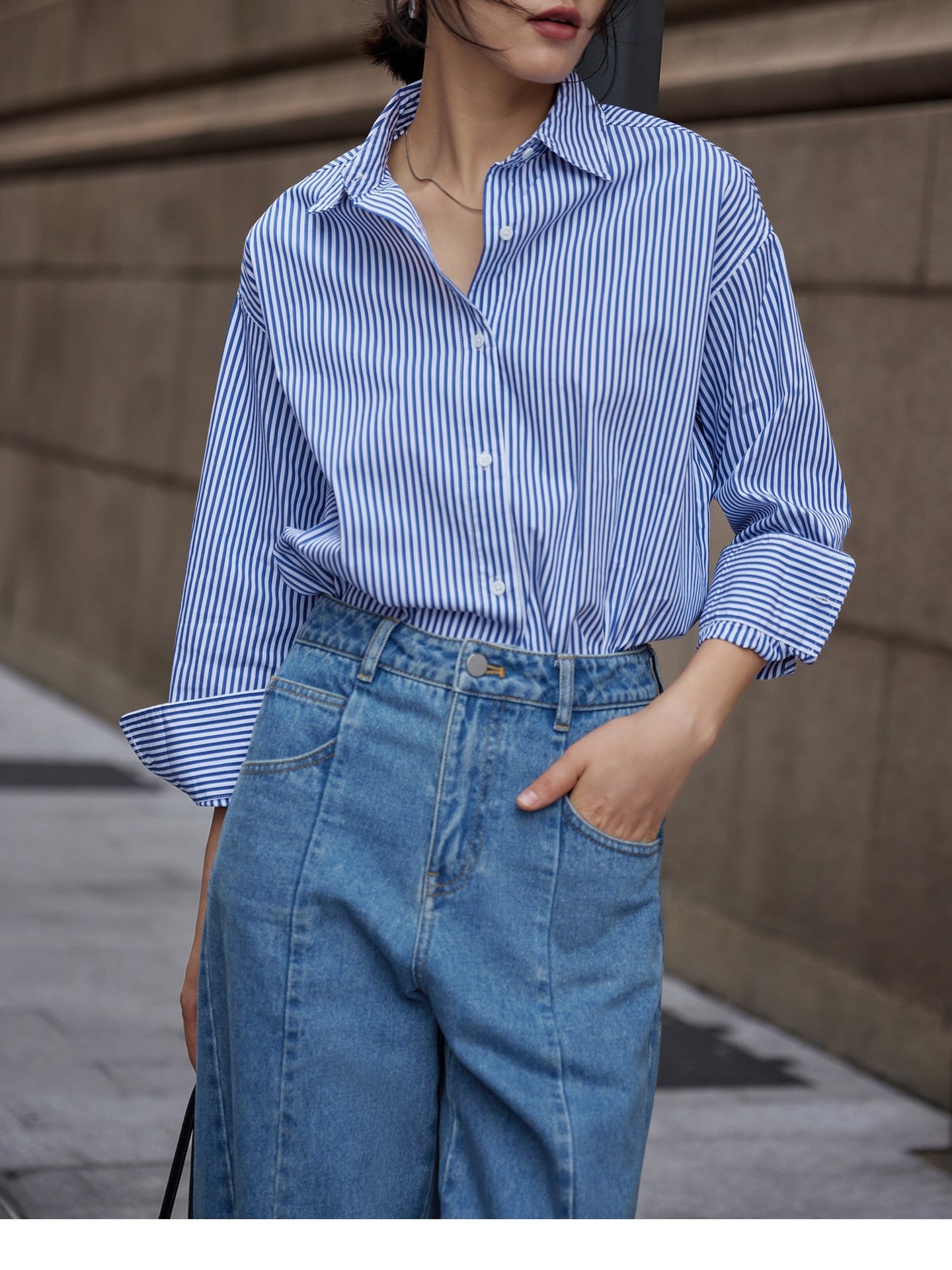 韓国ファッション SELCA-ブルーストライプシャツ-2024ss-0064-017