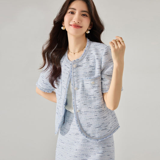 韓国ファッション SELCA-ブルーツイードショートジャケット-2024ss-156-01