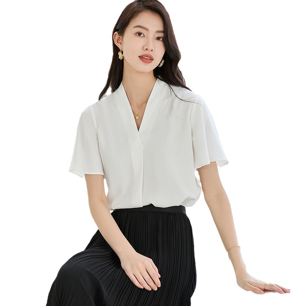 韓国ファッション SELCA-Vネックホワイトブラウス-2024ss-140-04