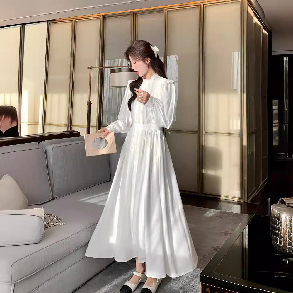 韓国ファッション SELCA-レーストリムのドレープホワイトドレス2024スプリングフォレストスタイルウエストスリムフェアリードレスデザインスカート-2024ss-171-06