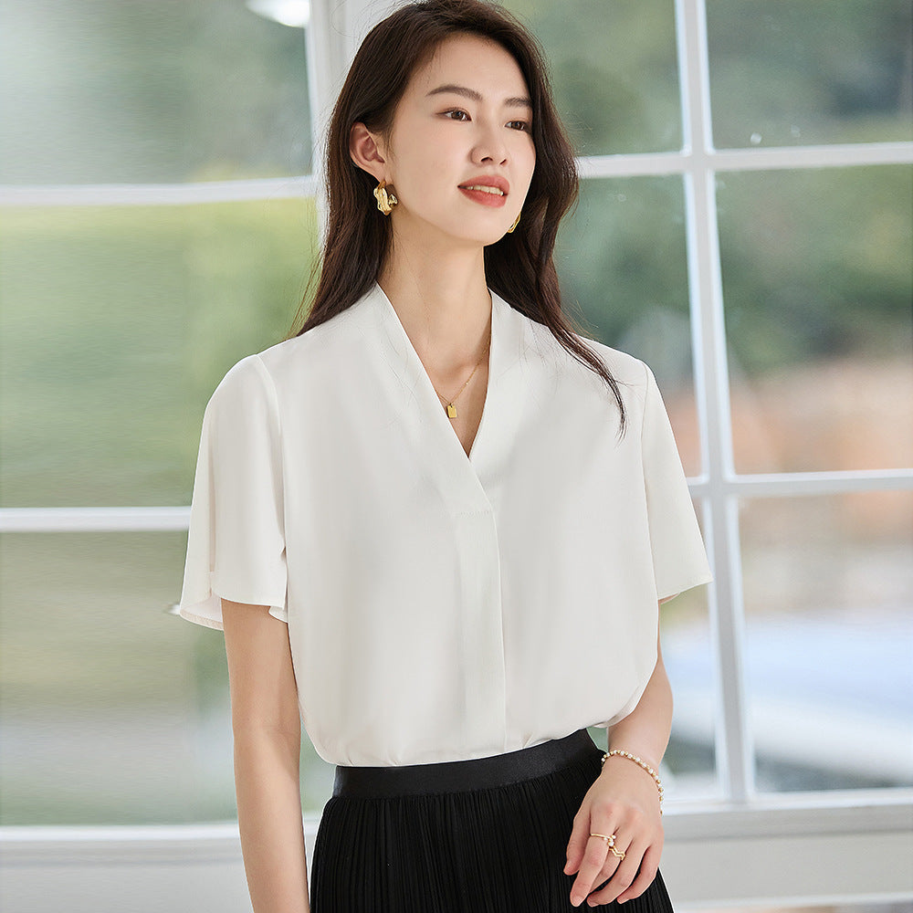 韓国ファッション SELCA-Vネックホワイトブラウス-2024ss-140-03