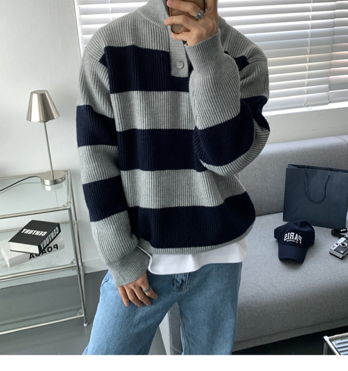 韓国ファッション SELCA-Stand collar border knit sweater-mselca2023aw785-08