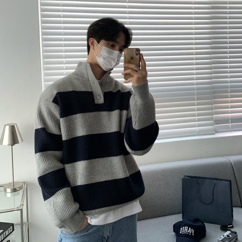 韓国ファッション SELCA-Stand collar border knit sweater-mselca2023aw785-01