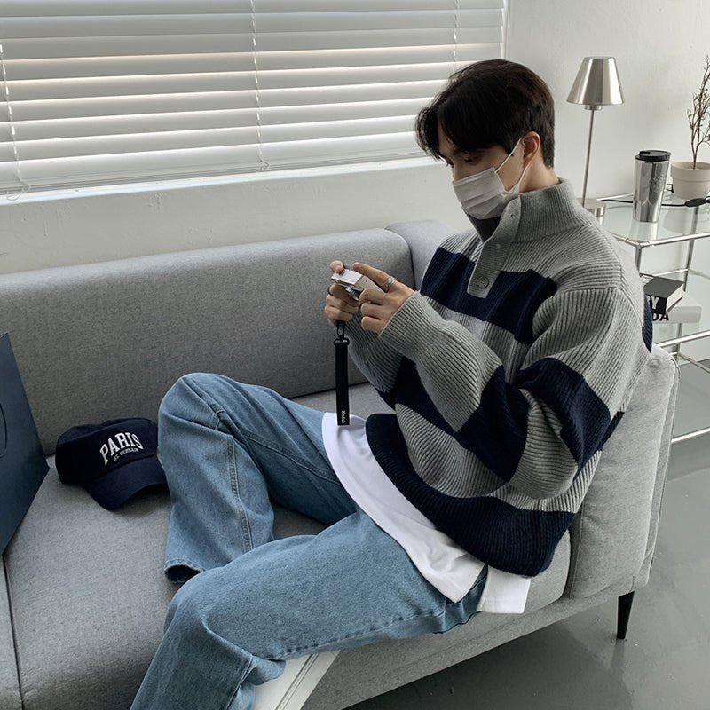 韓国ファッション SELCA-Stand collar border knit sweater-mselca2023aw785-02