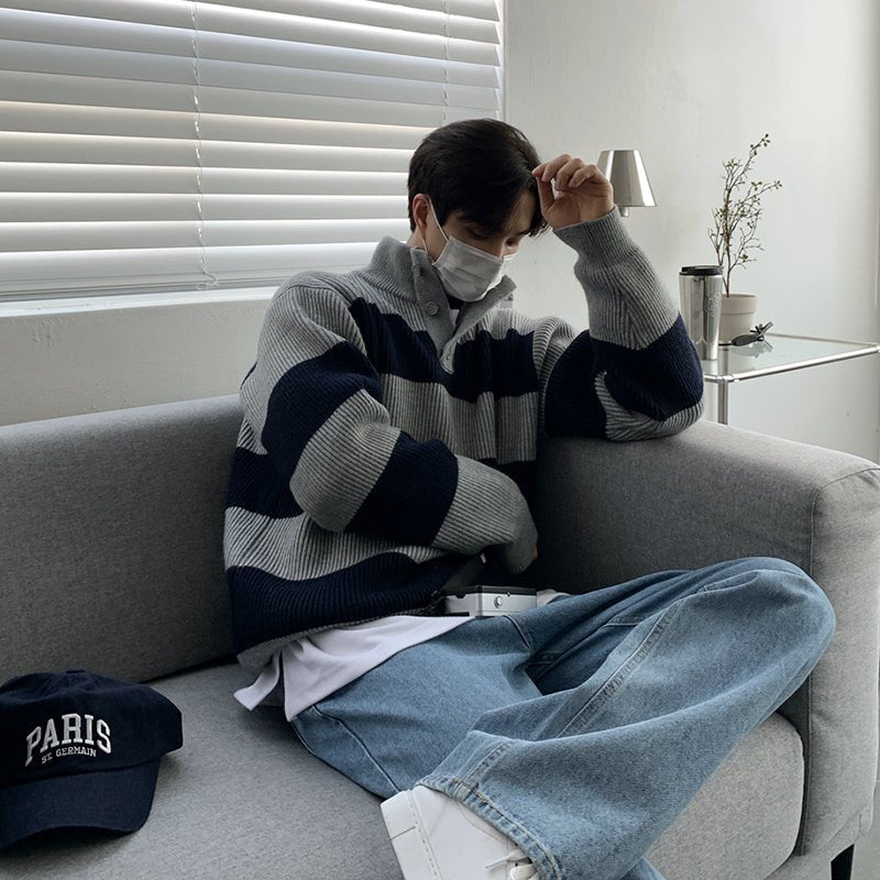 韓国ファッション SELCA-Stand collar border knit sweater-mselca2023aw785-05