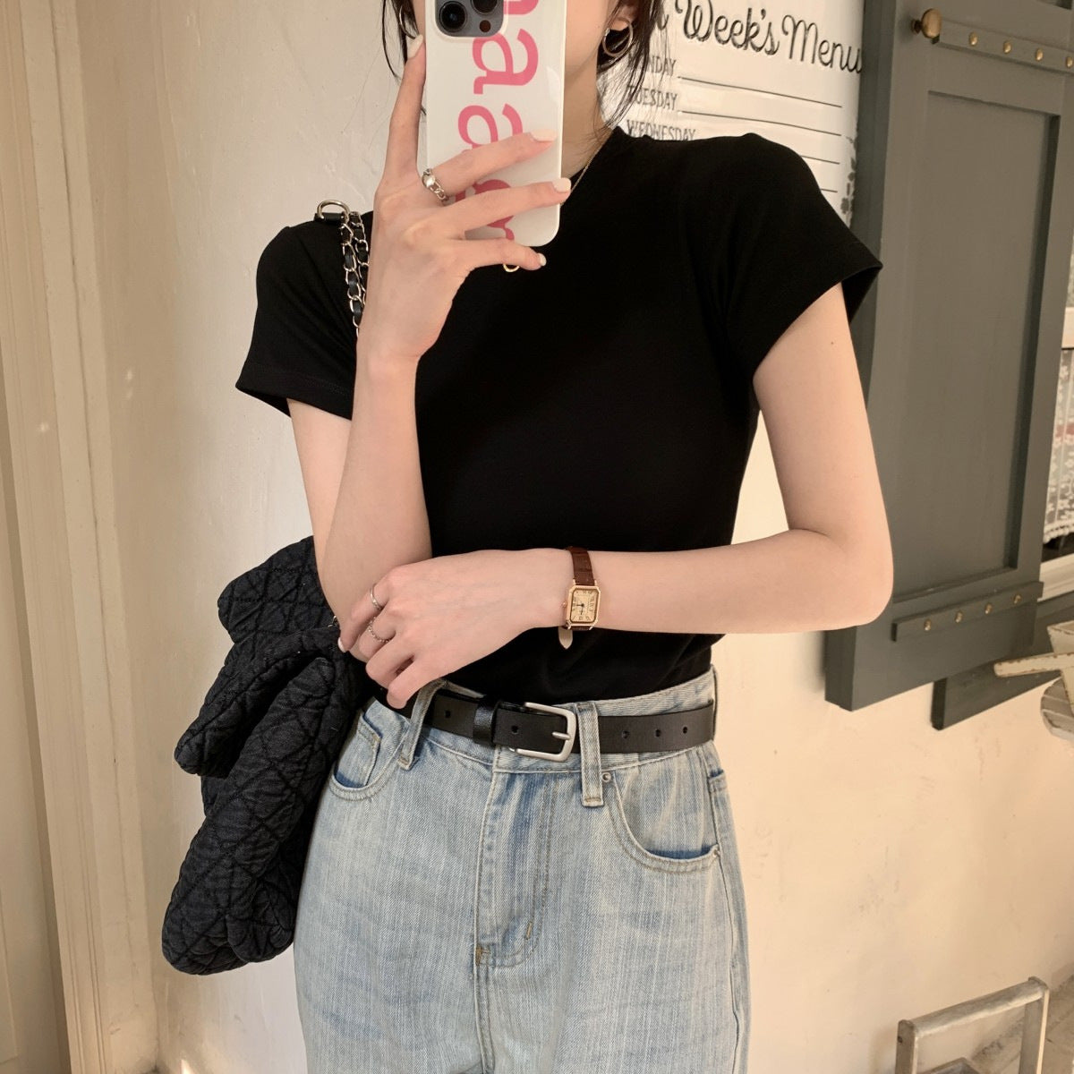 韓国ファッション SELCA-ハーフネックスリム半袖Tシャツ-2023ss-tp05-01-07