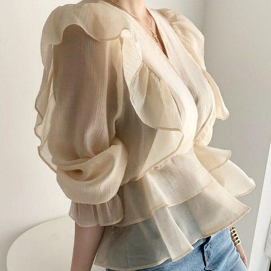 韓国ファッション SELCA-Vネックフリルシフォンシャツ-2023ss-tp25-06