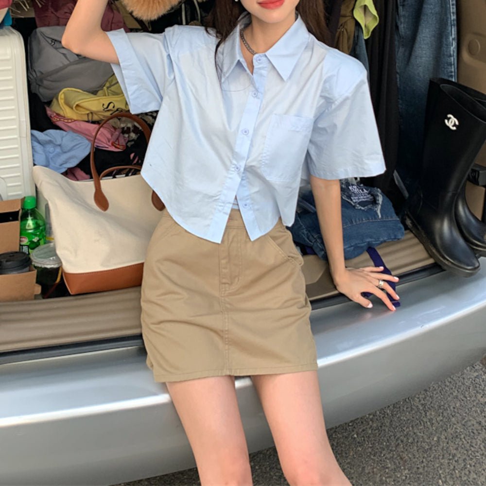 韓国ファッション SELCA-ショートストラップデザイン半袖シャツ-2023ss-tp21-3-01