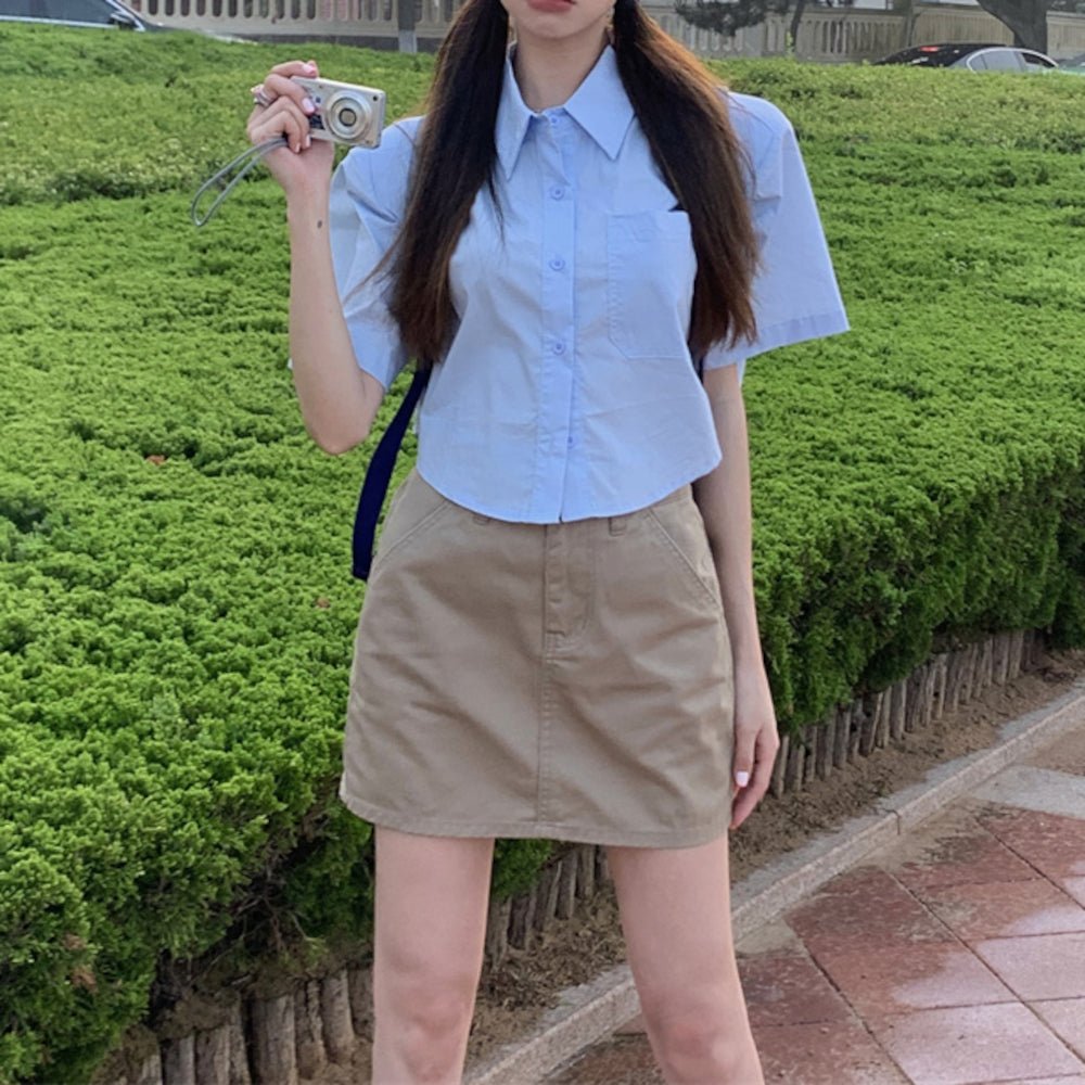 韓国ファッション SELCA-ショートストラップデザイン半袖シャツ-2023ss-tp21-3-016