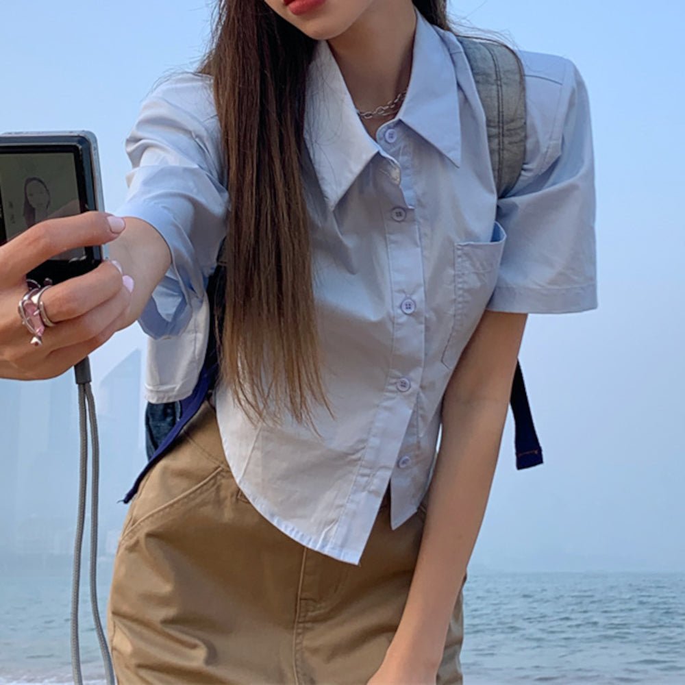 韓国ファッション SELCA-ショートストラップデザイン半袖シャツ-2023ss-tp21-3-020