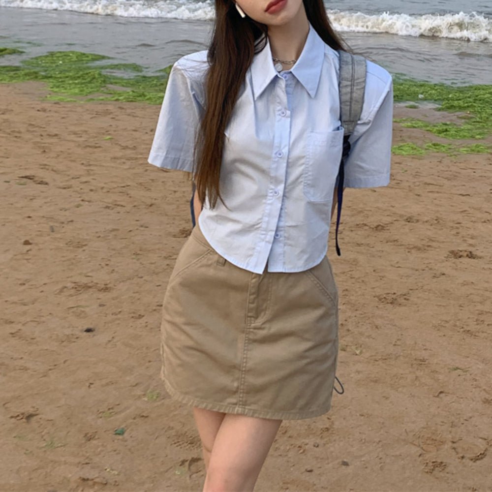 韓国ファッション SELCA-ショートストラップデザイン半袖シャツ-2023ss-tp21-3-021