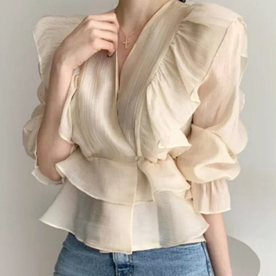 韓国ファッション SELCA-Vネックフリルシフォンシャツ-2023ss-tp25-04